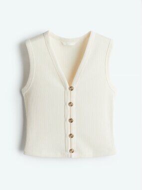 white ribbed vest with gold buttons